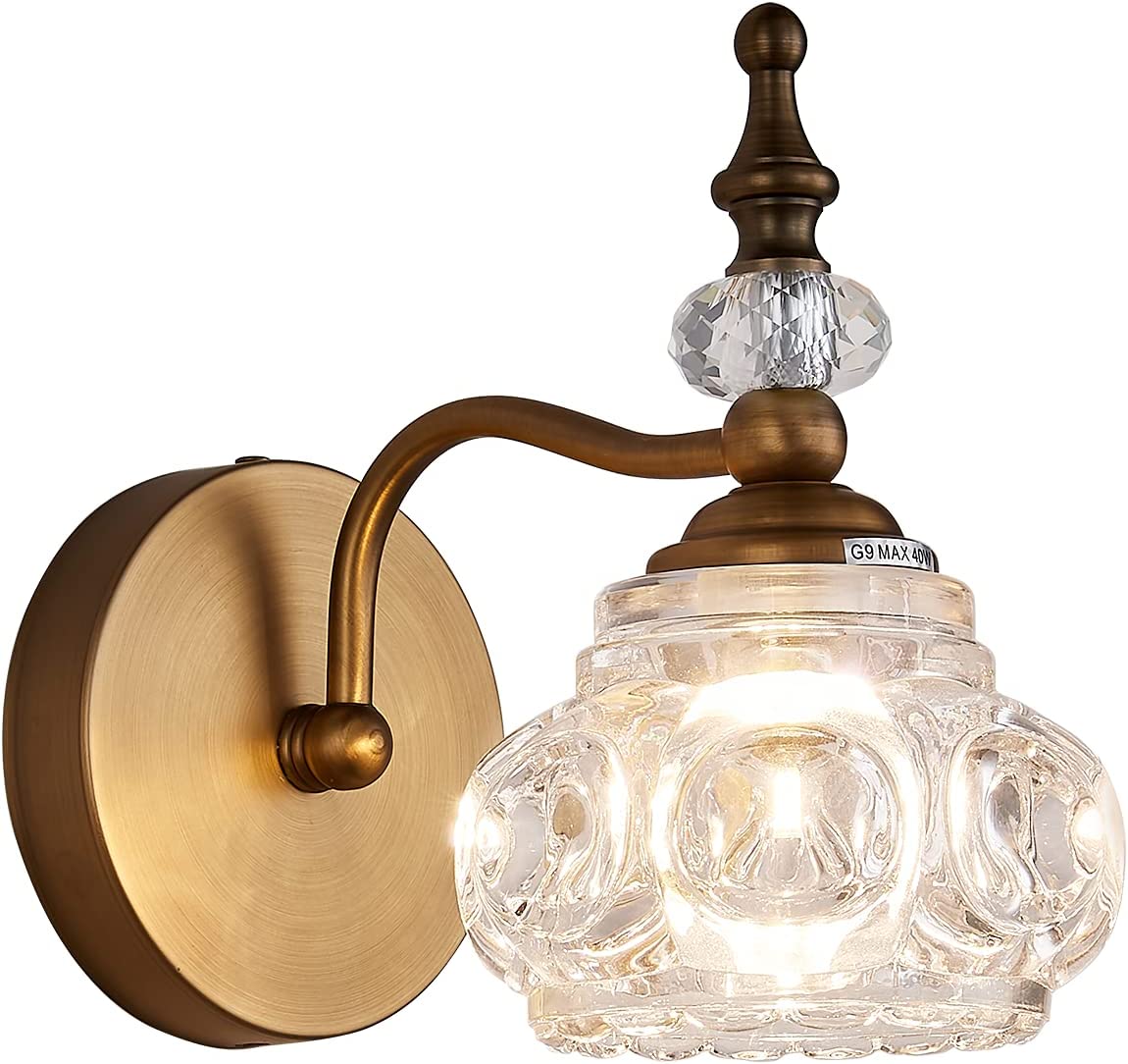 Vintage crystal wall light antique brass bathroom wall sconce