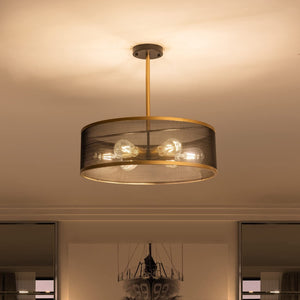 6 light semi flush mount chandelier black gold industrial mesh drum pendant light fixture