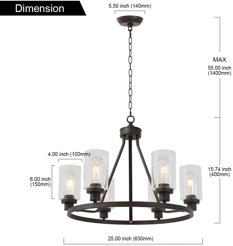 6 light island glass round chandelier with rubbed bronze finish