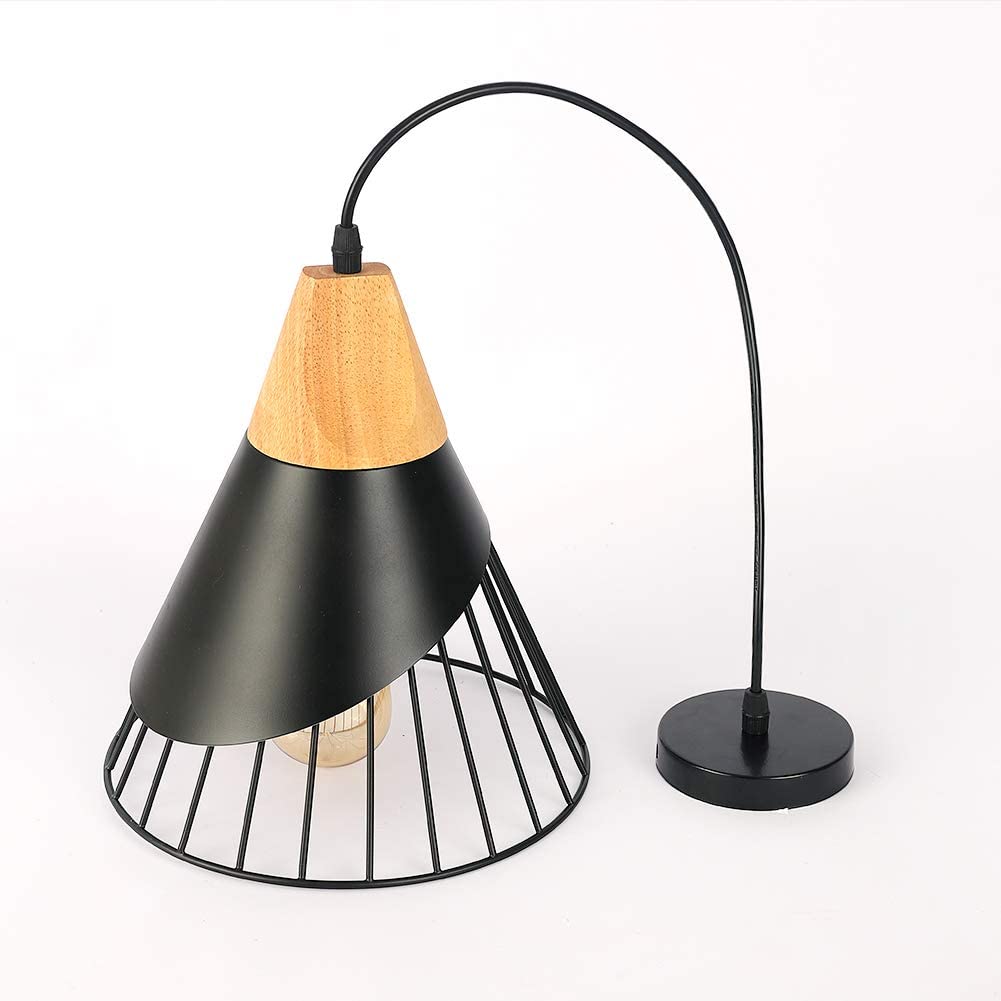 Industrial pendant lamp black cage wood pendant lighting