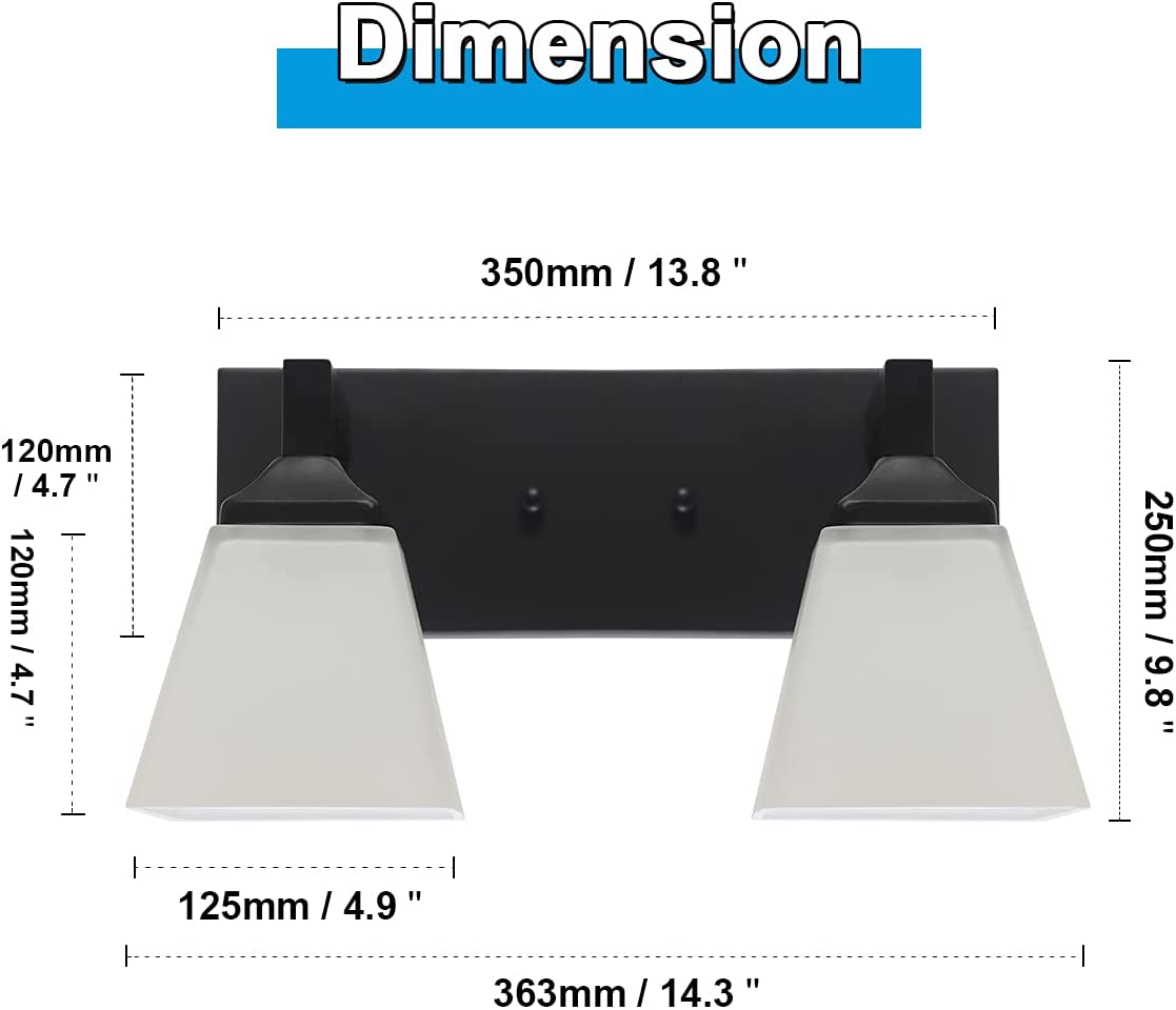 2 light bathroom wall sconce black vanity wall lighting fixture with opal glass shade