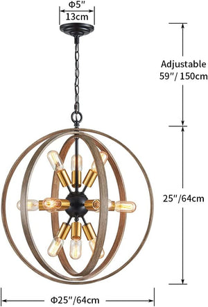 12 light globe chandelier antique farmhouse pendant lighting with oak and brass finish