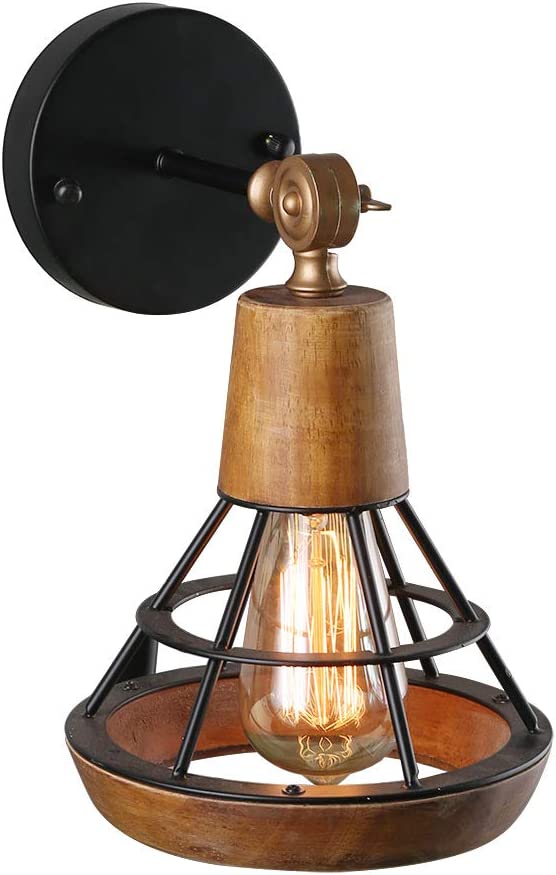 Vintage wood wall sconce industrial cage wall light fixture
