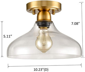 Industrial Semi Flush Ceiling Light  Glass close to ceiling light fixture with brass finish