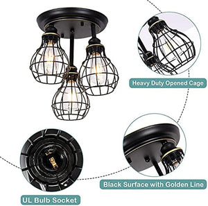 3 light rustic semi flush mount ceiling light industrial black wire cage ceiling lamp