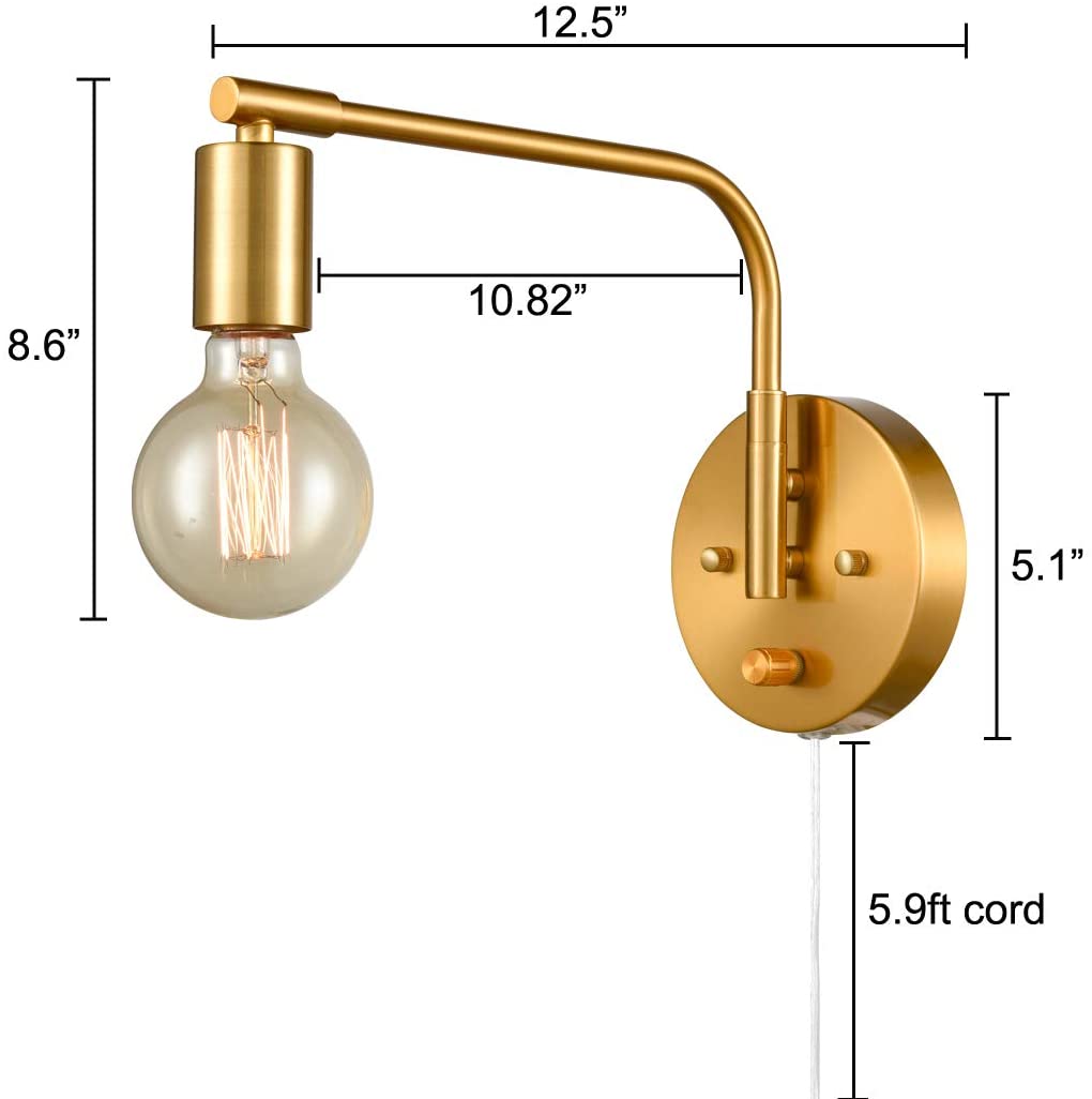 2 pack of plug in brass wall light swing arm wall sconce