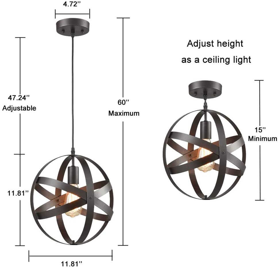 Vintage industrial spherical pendant light fixture with black color