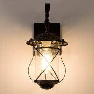 Black wall light vintage industrial arm cage wall sconce with glass shade