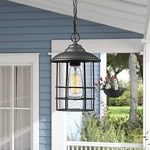 1 Light Exterior Hanging Lantern in Black Finish with Seeded Glass
