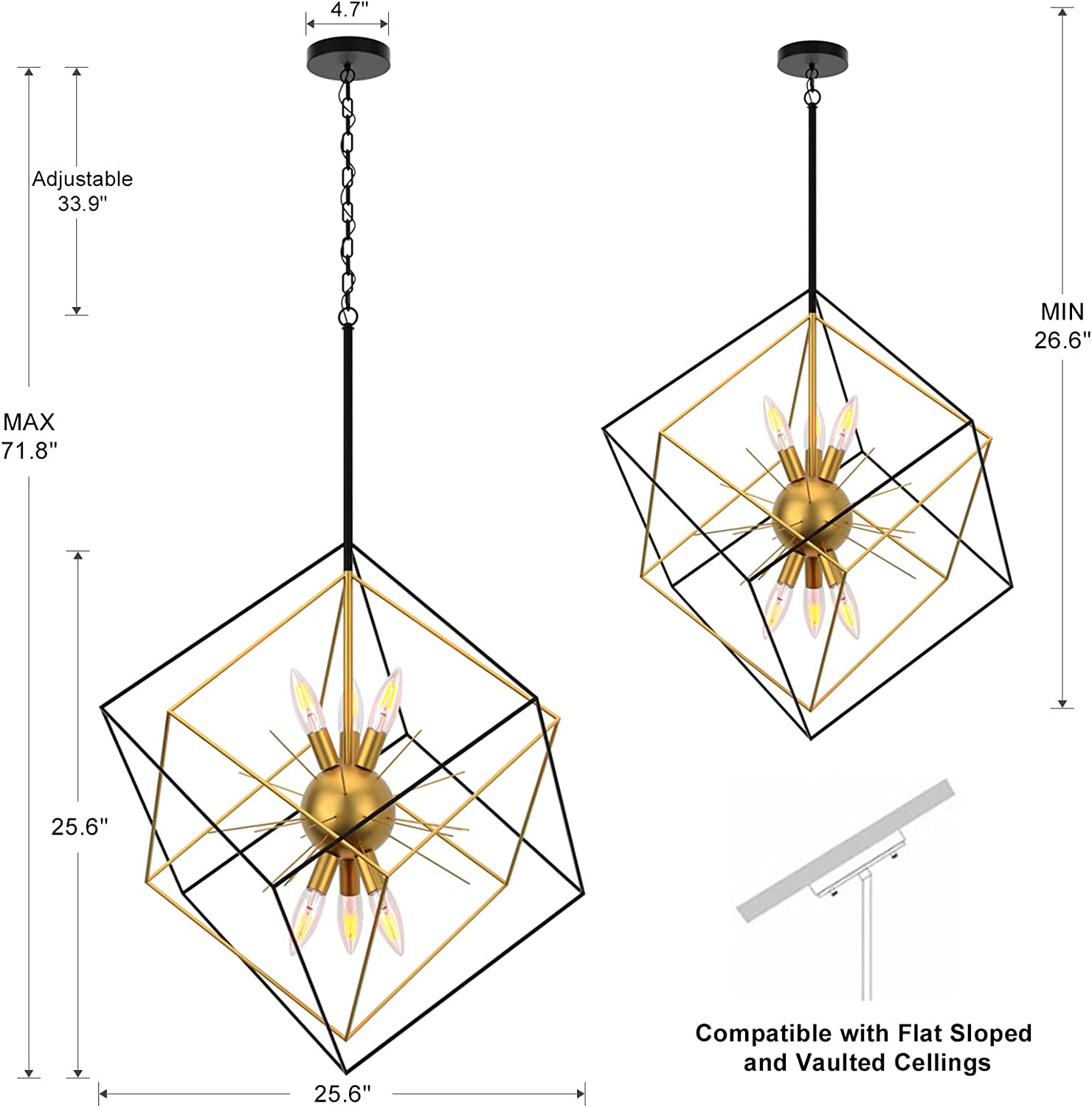 6 light modern sputnik chandelier adjustable black and gold cage pendant lamp