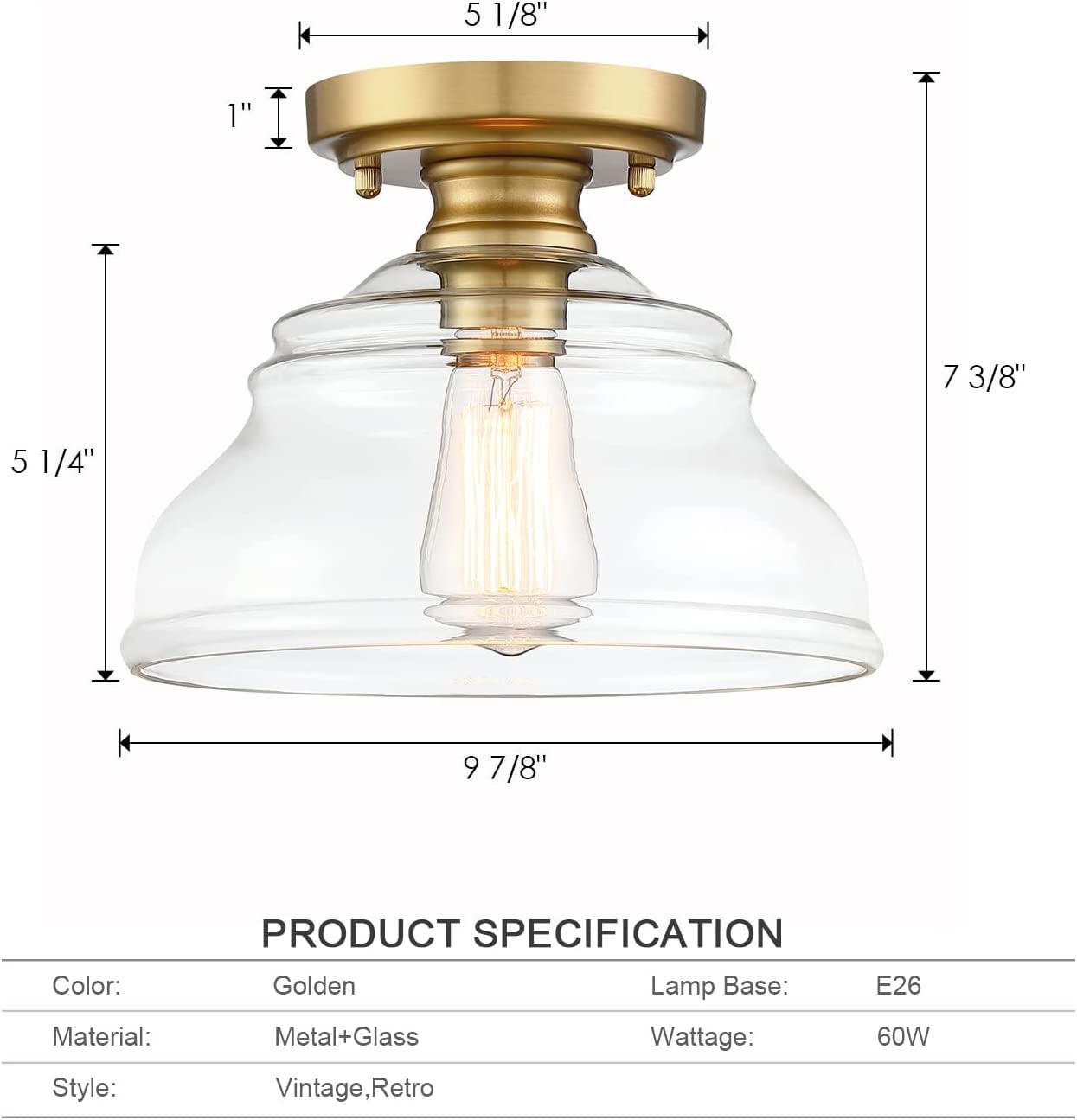 Farmhouse glass semi flush mount ceiling light industrial close to ceiling light with glass shade