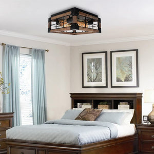 Vintage square wood ceiling lamp farmhouse black flush mount ceiling light fixture