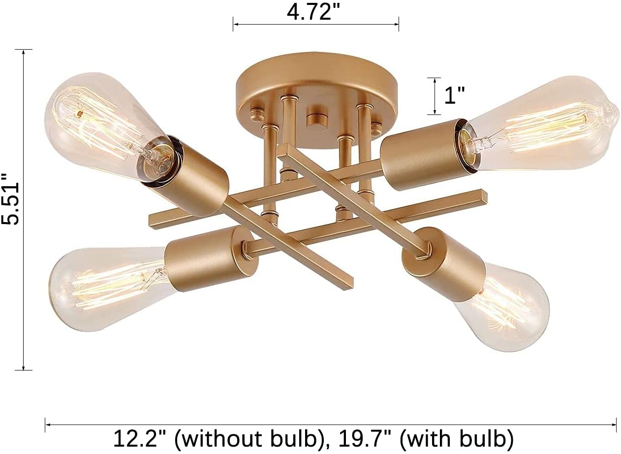 4 light modern semi flush mount ceiling light fixture with gold finish