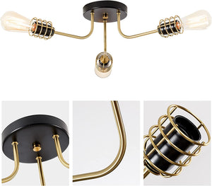 3 light industrial semi flush mount ceiling light adjustable ceiling lamp with gold and black finish