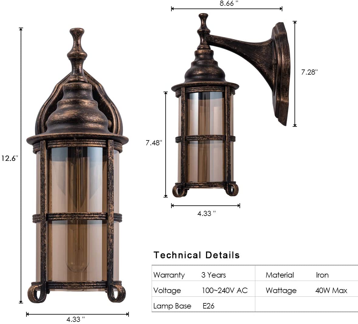 Rustic waterproof outdoor wall sconce industrial glass lantern with rubbed bronze finish