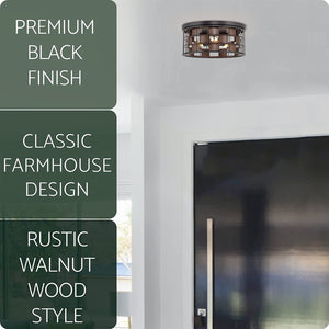 3 light vintage home flush mount fixture black frame ceiling light with wood style finish