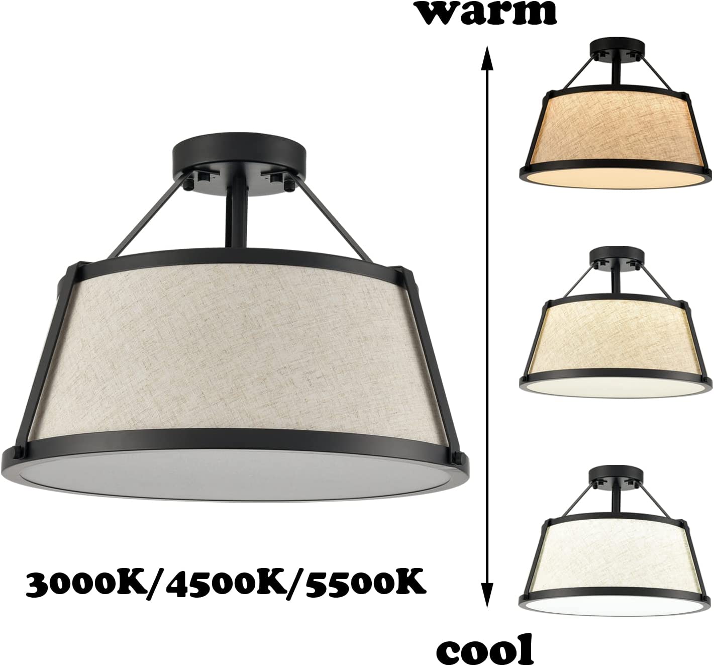 Black drum flush mount ceiling light fixture fabric ceiling lamp