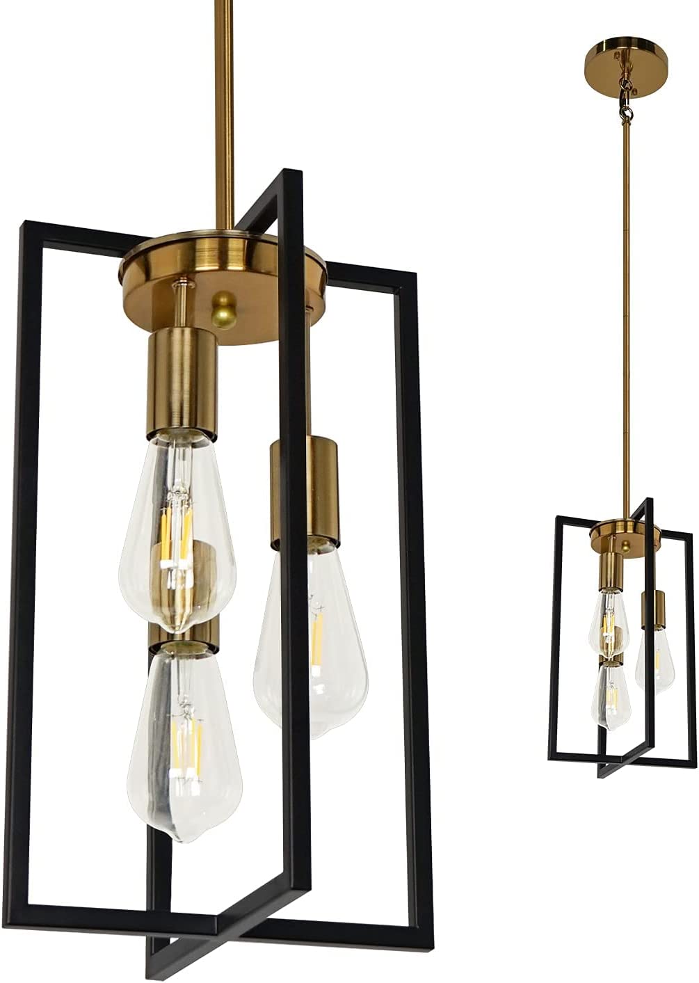 Industrial rectangle pendant light farmhouse island chandelier with black and brass finish