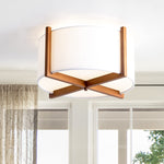 Wood semi flush mount ceiling light fixture off white fabric shade modern ceiling lamp