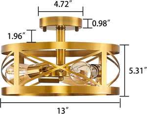 3 light modern semi flush mount ceiling light fixture round cage close to ceiling lamp with brass finish
