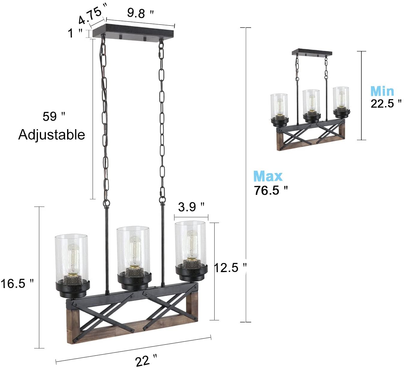 4 light wood black chandelier with clear glass shade