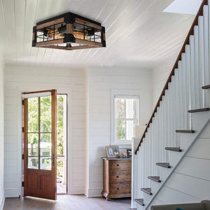 Vintage square wood ceiling lamp farmhouse black flush mount ceiling light fixture