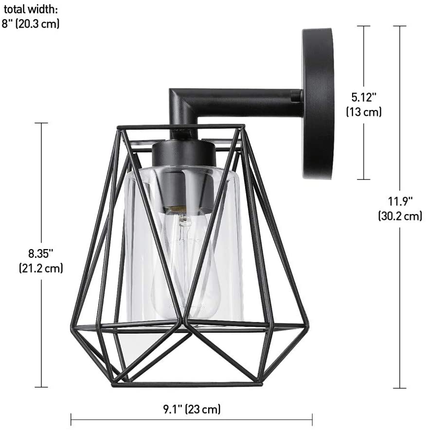 Black glass wall sconce industrial cage wall lighting