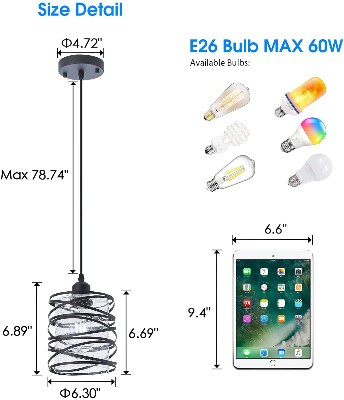 Spiral pendant light fixture adjustable glass hanging lamp