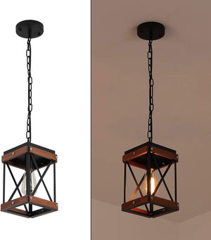 Farmhouse square wood pendant lighting for kitchen island black cage pendant light