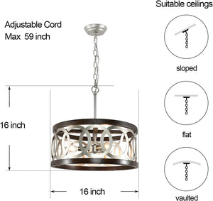 Wood and silver chrome chandelier farmhouse circle hanging pendant lamp