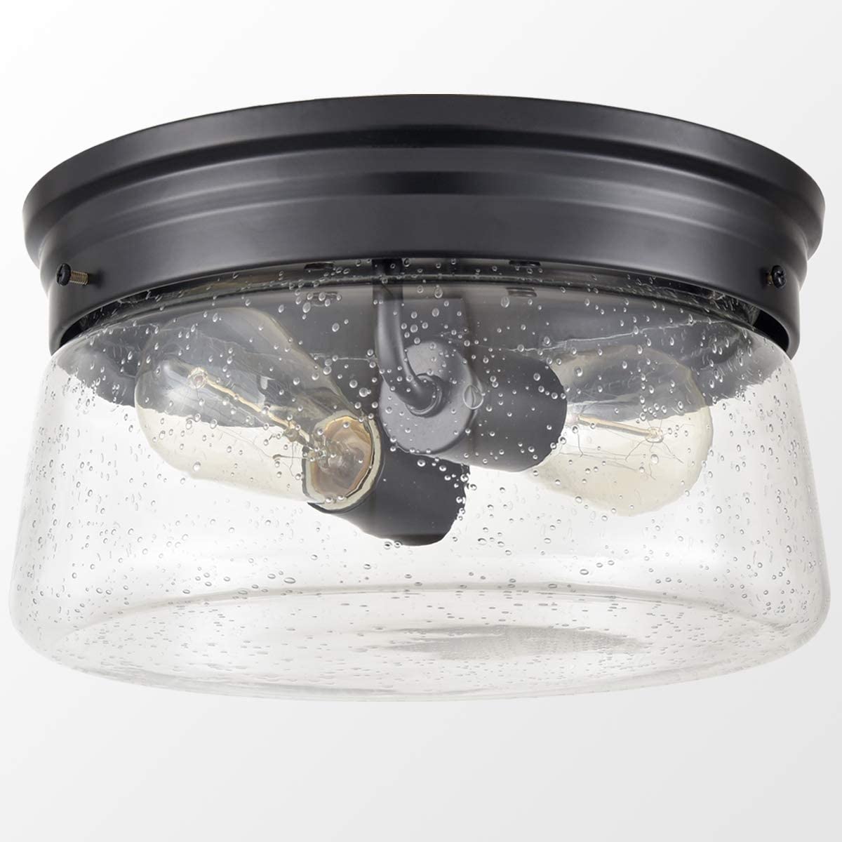 Black flush mount ceiling light fixture with seeded glass shade