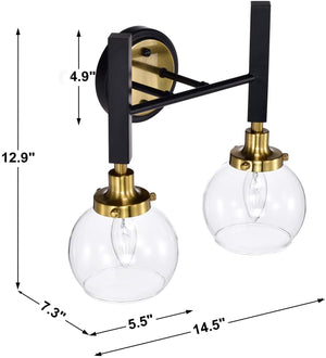 2 Light black wall lights for bedroom industrial wall sconce lighting with glass shade