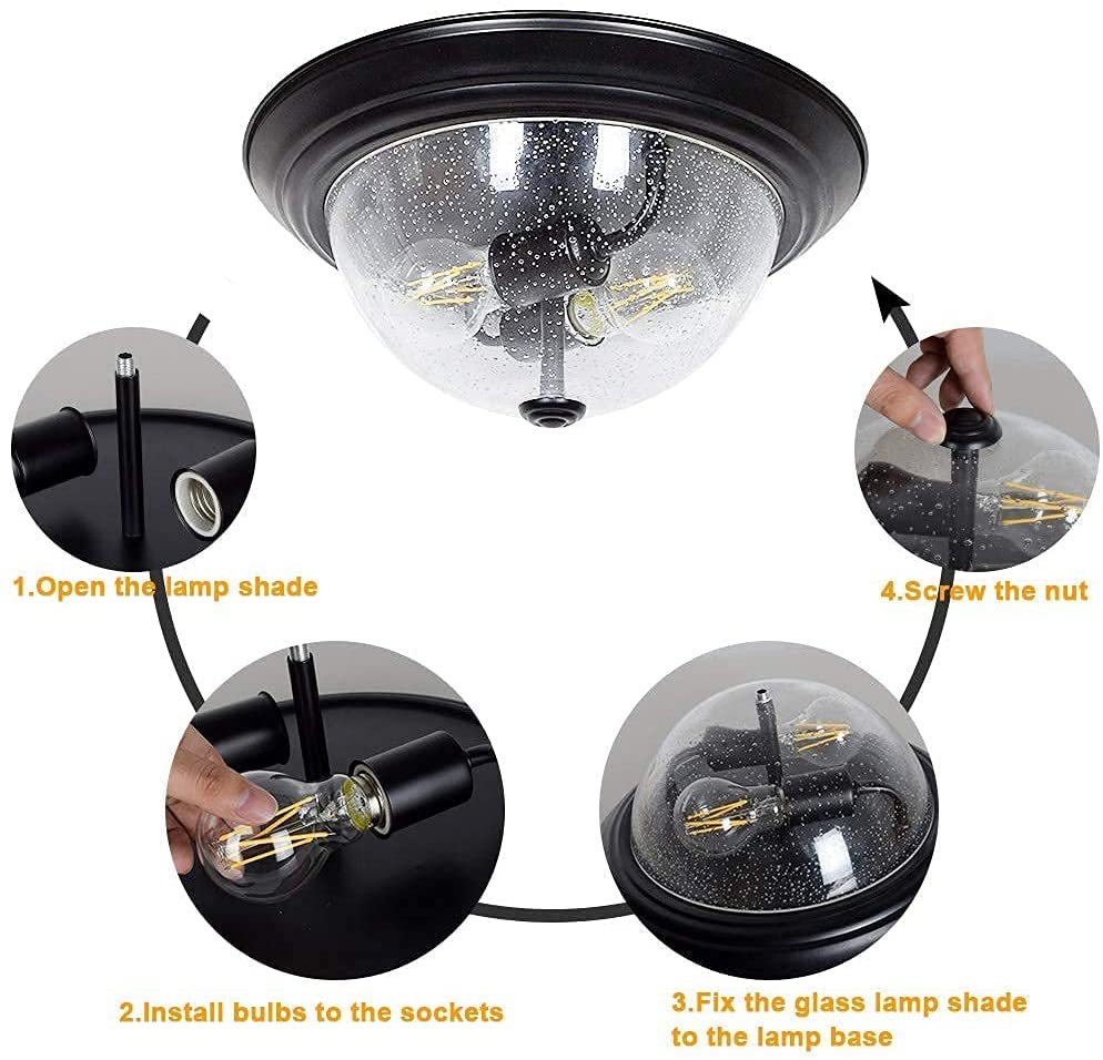 2-Light Farmhouse Semi Flush Mount Lighting Fixture black glass ceiling lamp