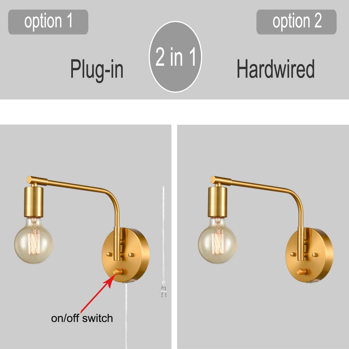 2 pack of plug in brass wall light swing arm wall sconce