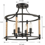Farmhouse hemp rope chandelier 4 light drum semi flush mount ceiling pendant light