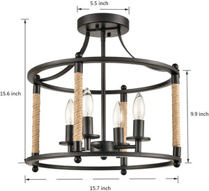 Farmhouse hemp rope chandelier 4 light drum semi flush mount ceiling pendant light