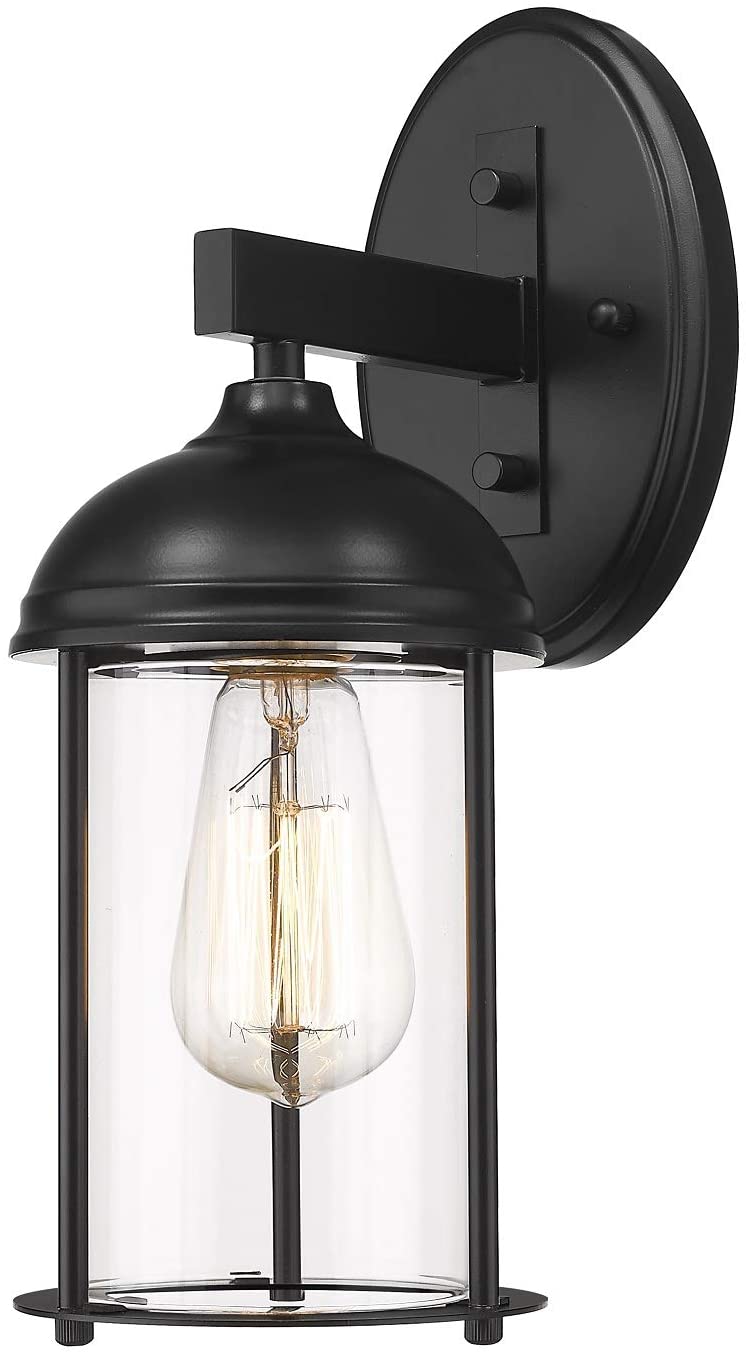 Black outdoor farmhouse light arm wall lantern with glass shade