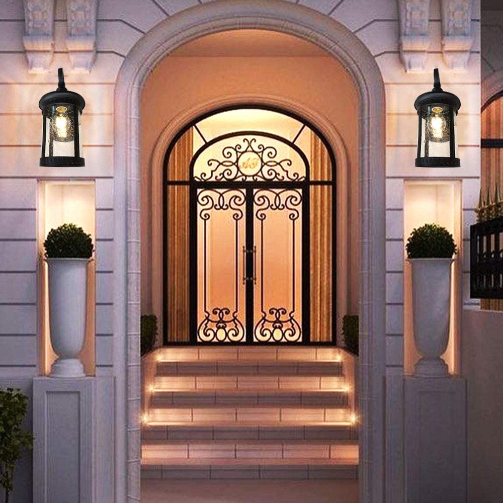 Black outdoor lighting products exterior wall light fixture with seeded glass shade