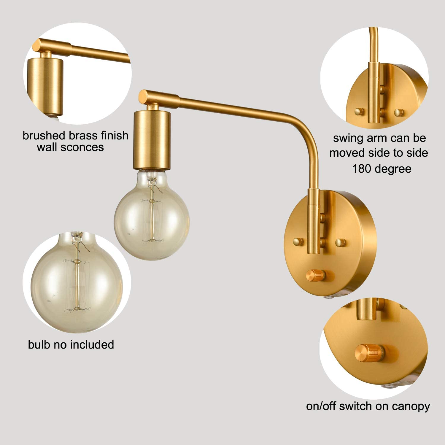 2 pack of plug in brass wall light swing arm wall sconce