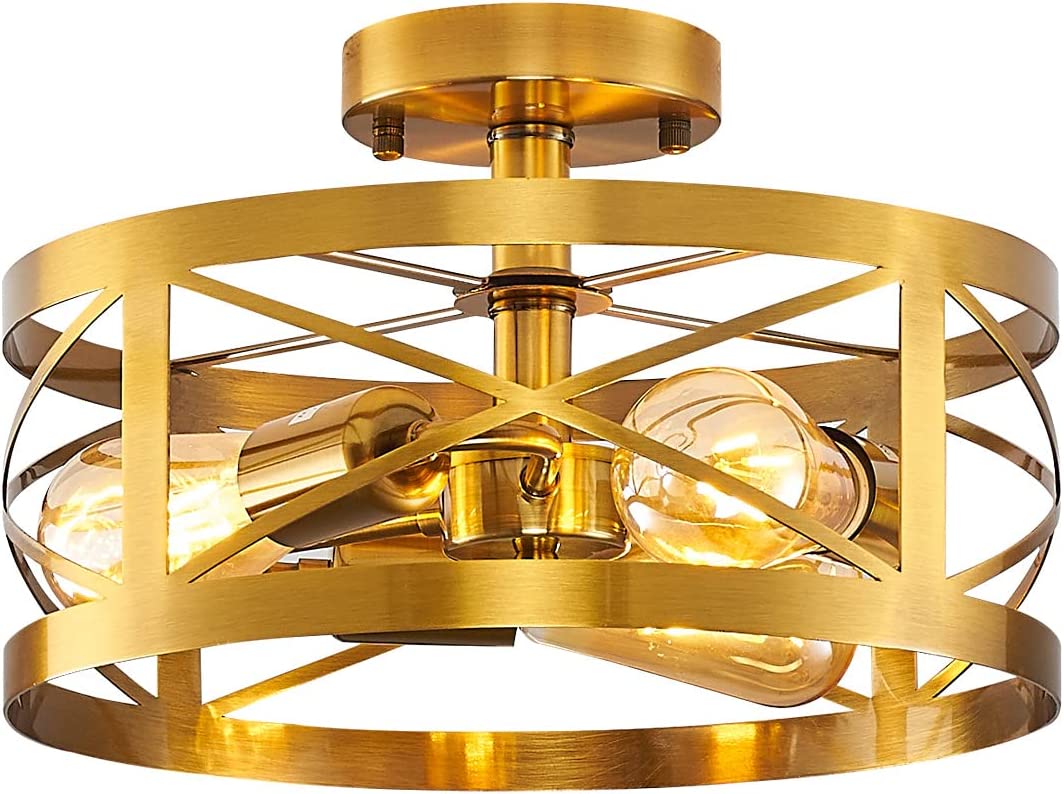 3 light modern semi flush mount ceiling light fixture round cage close to ceiling lamp with brass finish