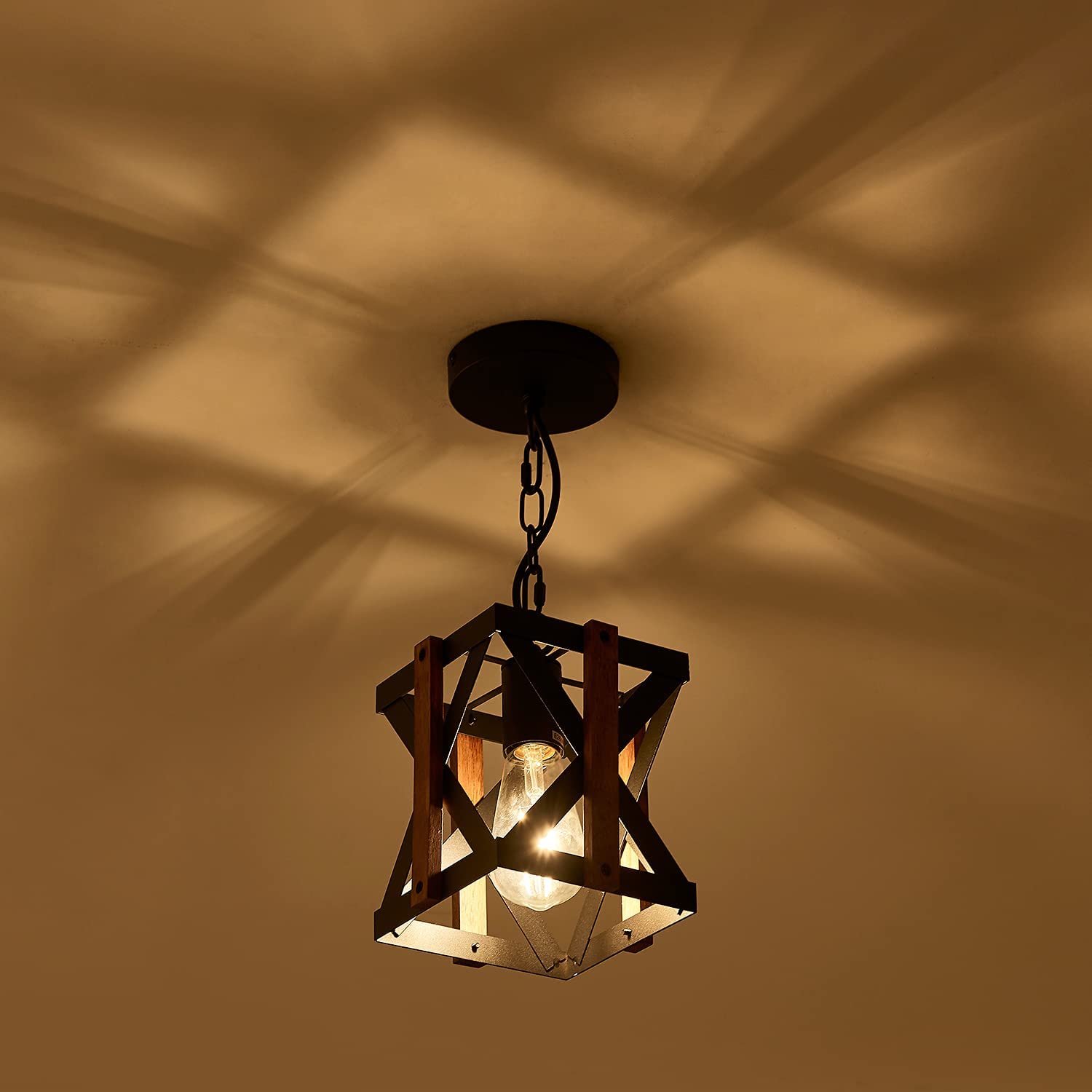 Square wood farmhouse light fixtures black cage pendant lighting for kitchen island