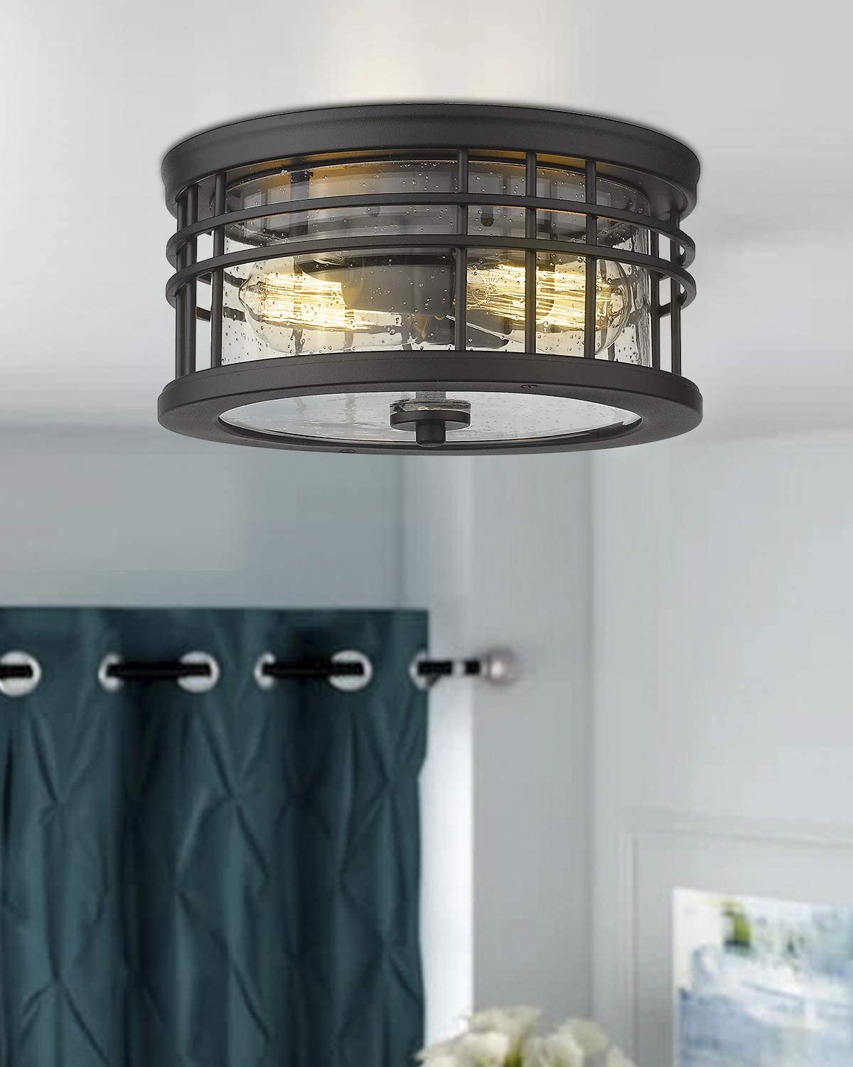 2-Light Farmhouse Semi Ceiling Light Fixture black industrial ceiling lamp