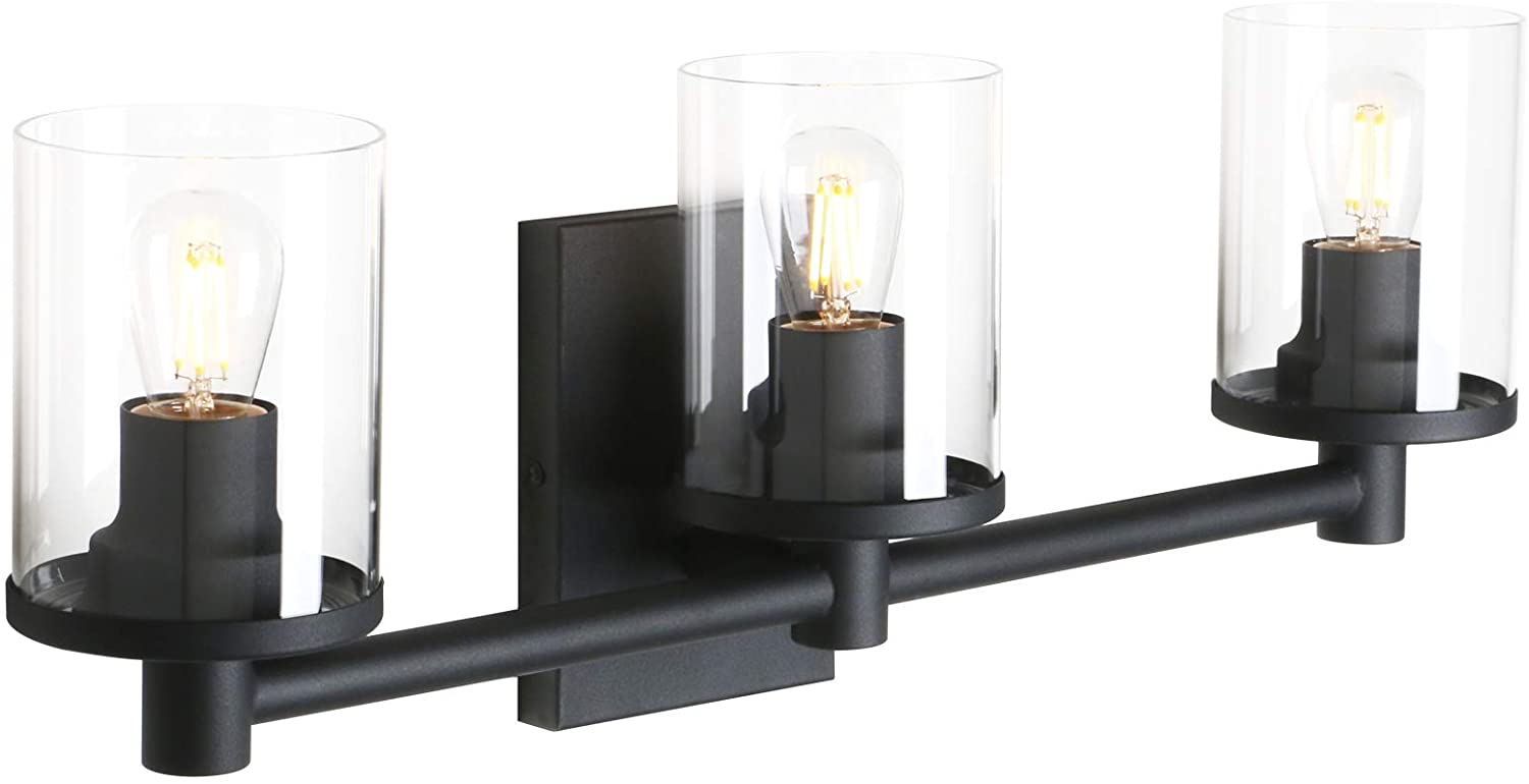 3 light industrial black vanity wall sconce with clear glass shade
