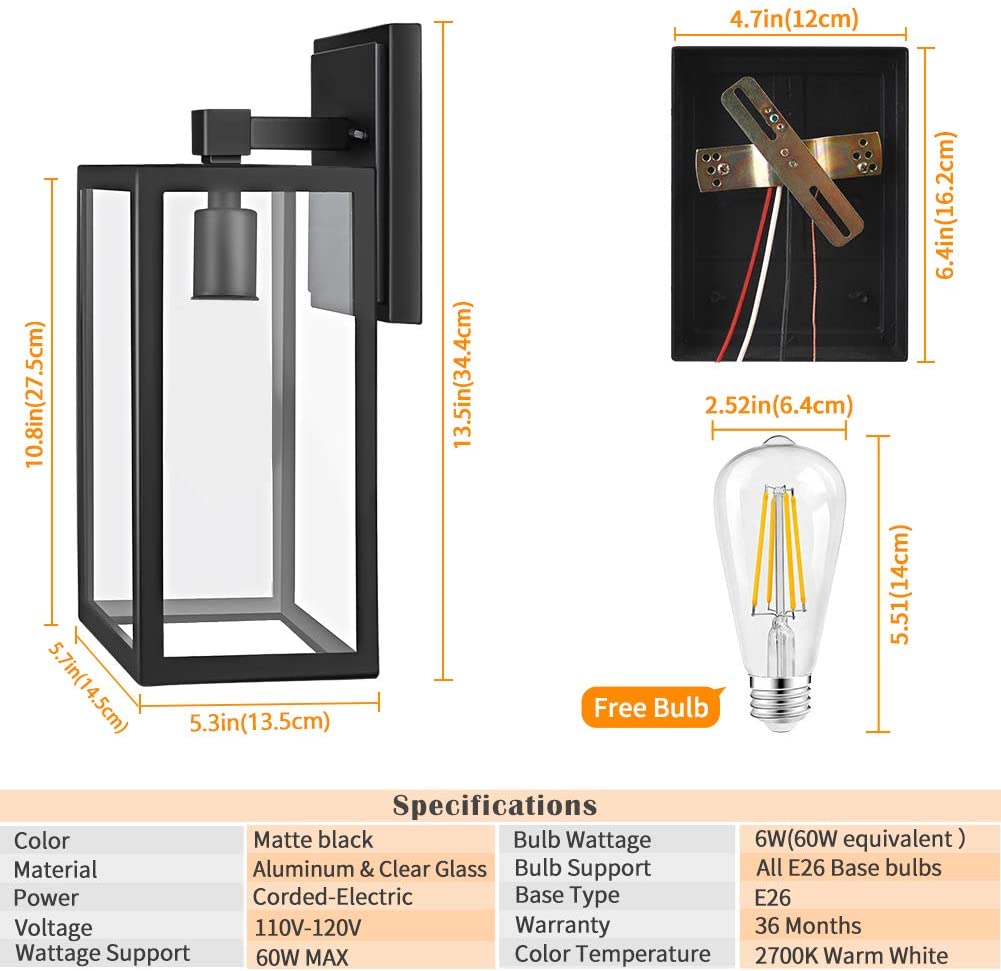 2 pack exterior light fixture glass LED black outdoor light fixture