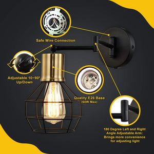 2 pack swing arm wall sconce black and gold cage wall lighting fixture
