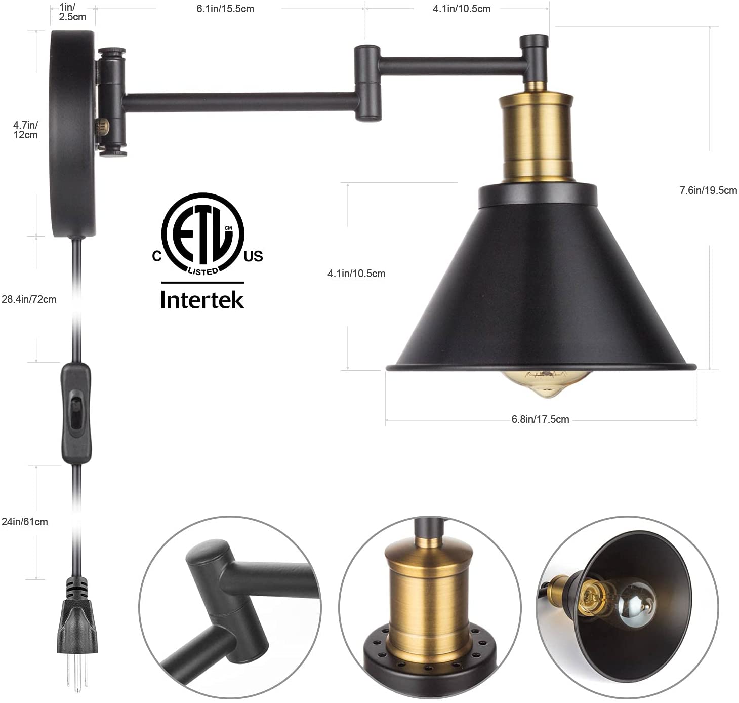 Plug in swing arm wall sconce industrial bronze and black wall light fixture