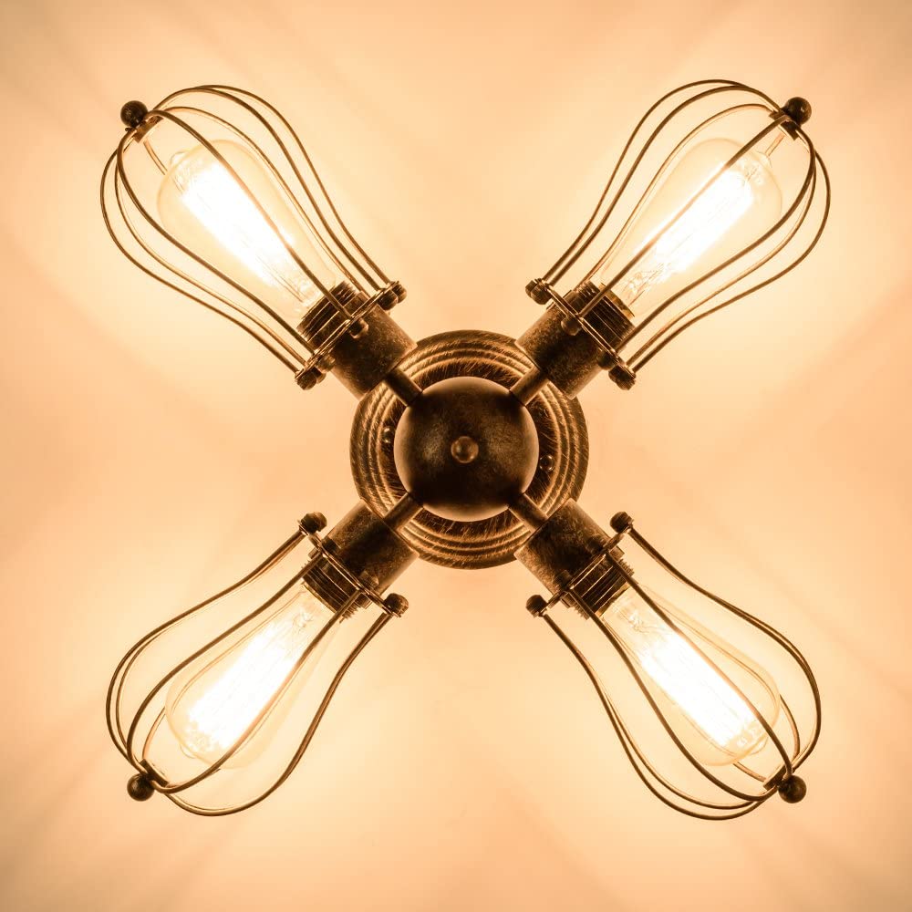 4 light oil rubbed seme flush mount, vintage industrial wire cage antique ceiling light