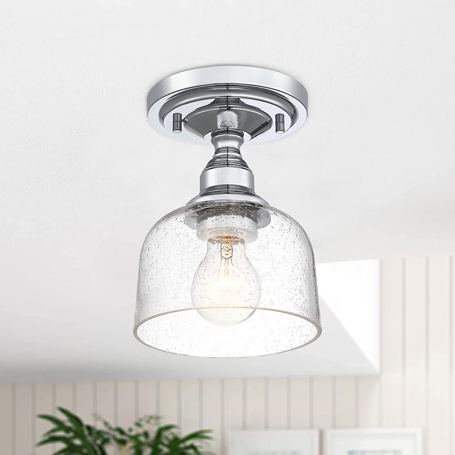Mini Semi Flush Mount Ceiling Light drum glass ceiling lamp with chrome finish