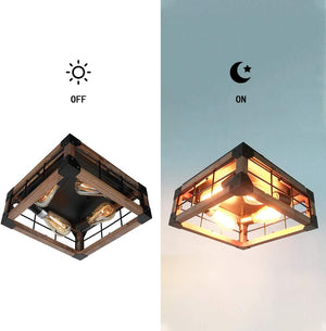 Vintage square wood ceiling lamp farmhouse black flush mount ceiling light fixture