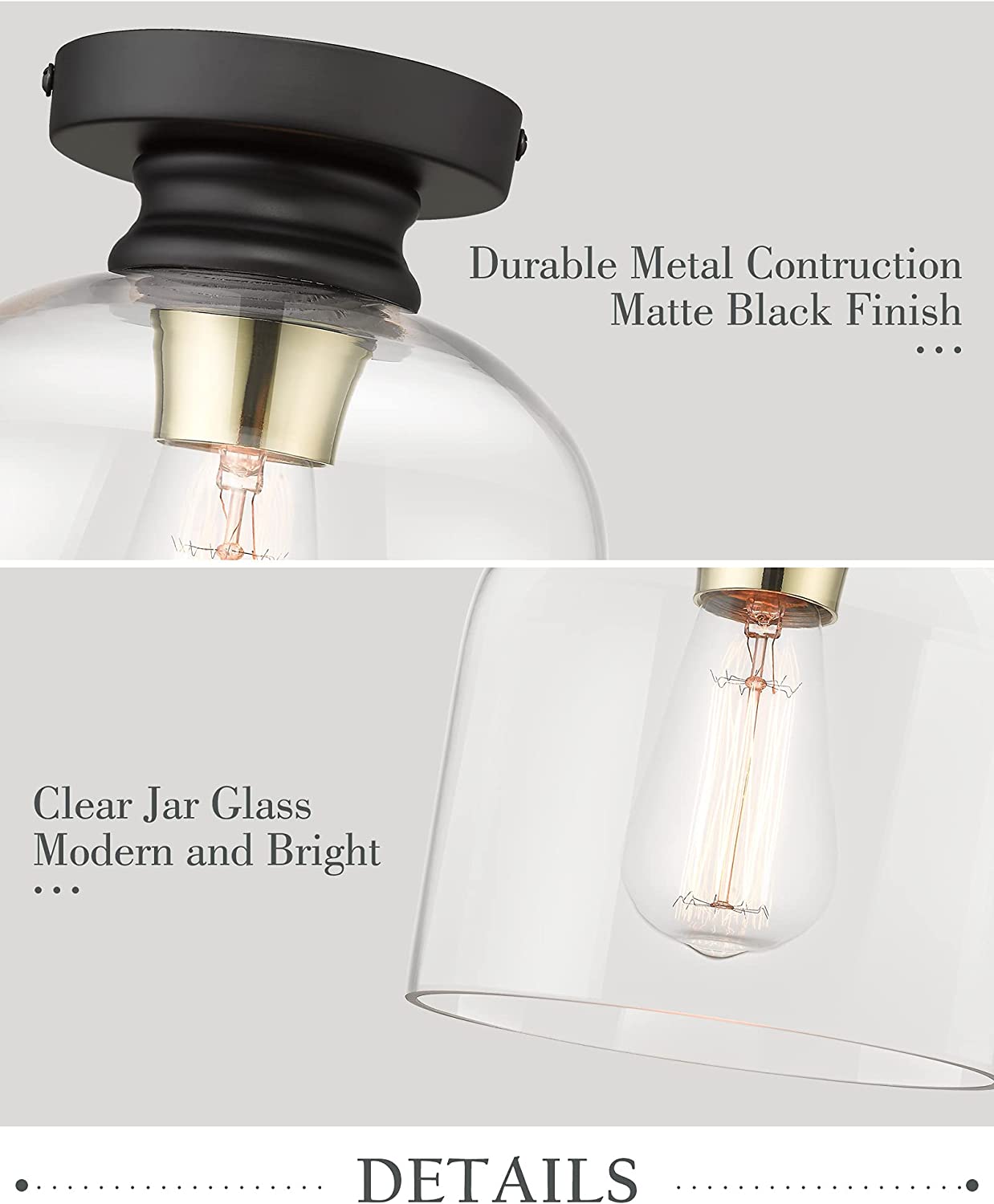 Black semi flush mount ceiling light industrial close to ceiling lamp fixture with glass shade